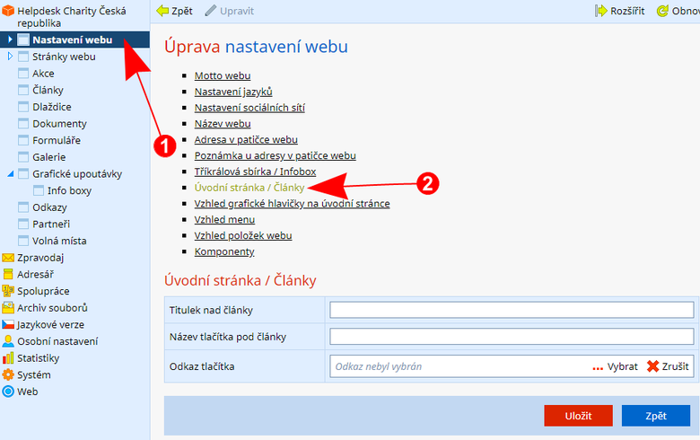 Nadpis nad články a tlačítko pod články v CMS