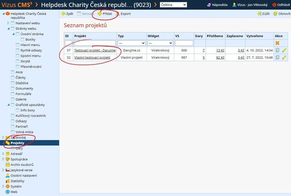 Online školení - Platební brána - Modul Projekty